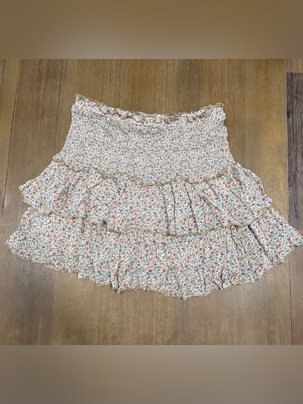 Hem & Thread Cream Floral Smocked Ruffle Mini Skirt with Blue & Rose Accents